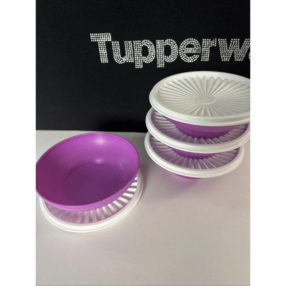 Tupperware Servalier Salad Cereal Bowl  Collection Set Of 4 Purple White Seal